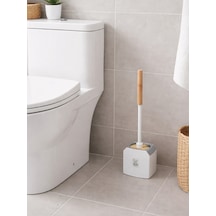 Ahşap Saplı Köşeli Tuvalet Fırçası Ve Standı Modern, Açık Hazneli Wc Fırçası Vıchy-7044 Gümüş