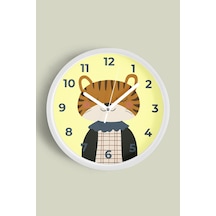 Sevimli Kaplan Çocuk Odası Modern Duvar Saati - 42cm - Önü Camlı Beyaz Kasa - Sessiz Mekanizma Beyaz