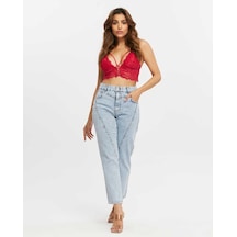 Shevega Kadın Açık Mavi Ön Conta Parcalı Mom Jeans Pantolon Açık Mavi