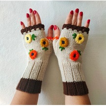Newdaycraft El Örgüsü Çiçek Nakışlı Krem Parmaksız Eldiven
