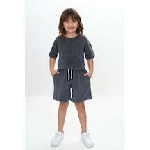 Toontoy Kids Toontoy Kız Çocuk 2'li Takım Baskılı Bisiklet Yaka T-shirt & Beli Lastikli Cepli Şort - Nervür Detaylı & Yıkamalı Füme