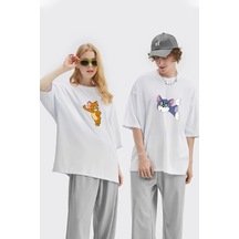 Unisex Kadın Erkek Tom Ve Jerry Baskılı Sevgili Çift Kombini Tasarım Oversize T-shirt 2'li Set Beyaz Mck1954 Beyaz