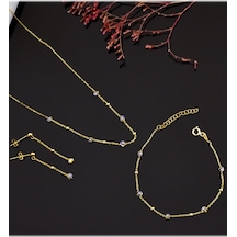 Papatya Silver 925 Ayar Gümüş Gold Kaplama Top Zincir Sallantılı Nazar Göz Kolye, Bileklik ve Küpe Set