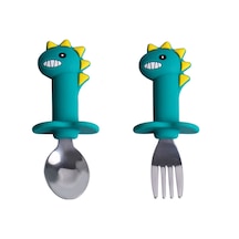 Qingmipy Bebekler İçin Dinozor Desenli Yeşil Silikon Kaşık Seti - Toksik İçermez, Dayanıklı Ve Pratik