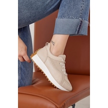 Sara Bej Hakiki Deri Bağcıklı Kadın Sneaker-Bej