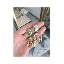 Mavi Detaylı Deniz Kabuğu Model Küpe Altın