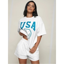 Usa Basketball T-shirt Şort - Beyaz Alt Üst Kombin Şort Tişört Takım Baskılı Oversize Bisiklet Yaka Beyaz