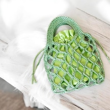 El Yapımı Yeşil Metalik Mini Çanta Saten Astarlı Örgü Kadın El Çantası Yazlık Şık Handmade Bag