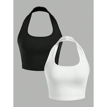 Liona 2'li Paket Kare Yaka Siyah Ve Beyaz Renk Boyun Askılı Crop Top Bluz