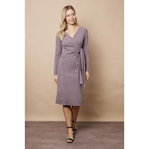 Kadın Kadife Kumaş Kruvaze Anvelop Bağcıklı Uzun Kol Diz Altı Elbise-gri Gri