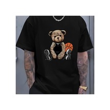 Caddemia Yaz Moda Gündelik Spor Gevşek Ve Eğlenceli Basketbol Ayı Deseni Baskılı Yuva Siyah 2XL