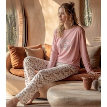 Pijamoni Kadın Likralı Pamuklu Bisiklet Yaka Uzun Kol İnce Pijama Takımı 1300/3 - 1 Adet Pembe