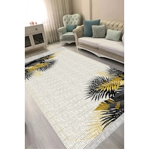 Dijital Baskılı Dikdörtgen Salon Halısı Kaymaz Yıkanabilir Keçe Taban Saçaklı Çiçekli F5125 Altın