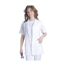 Klasik Yaka Alpaka Kumaş Cepli Kısa Kollu Kadın İş Önlüğü Beyaz