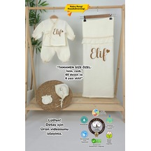 Gros Shop Müslin Yeni Doğan 4katlı Organik %100pamuk Kişiye Özgü Nakışlı Hastane Çıkış Seti Kalpli Model-8 Ekru-2