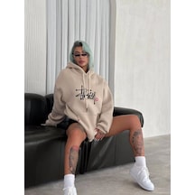 Kadın Oversize Kapüşonlu Cepli Baskılı 3 İplik Pamuklu Hoodie Sweatshirt - Bej