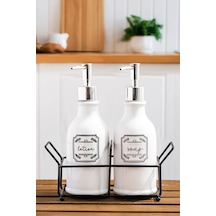 Porsima 3115 Gümüş Kapaklı Porselen 2li Sıvı Sabunluk Beyaz 700 Ml Beyaz