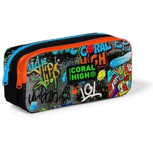 Coral High Kids Siyah Mavi Grafiti Desenli İki Bölmeli Kalem Çantası 22161