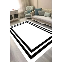 Dijital Baskılı Dikdörtgen Salon Halısı Kaymaz Yıkanabilir Keçe Taban Geometrik 1696 Beyaz Siyah