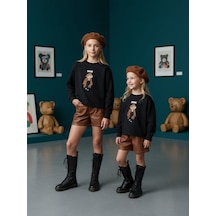 Kız Çocuk İki İplik Ayıcık Nakışlı Tasarım Sweatshirt-16467 Siyah