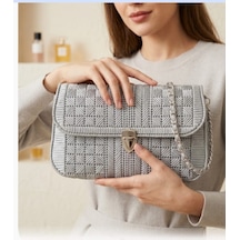 Kanvas Omuz Çantası Zincir Askılı Davet Söz Nişan El Yapımı Özel Tasarım Çanta Açık Gri