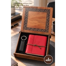 5 Adet Ahşap Kutulu Kırmızı Deri Defter Ve Anahtarlık Set Ahşap Kutu, Kırmızı Deri Tasarım, Kişiye Özel Promosyon, Notebook Keychain 1