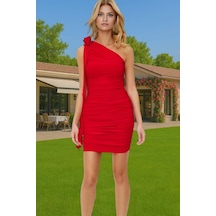 Ersefa Asimetrik Yaka Mini Elbise Örme Kumaştan Bodycon Stil Yazlık Gece Kırmızı