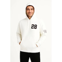 Suma Beyaz Üç İplik Kapüşonlu Sweatshirt - Ön Ve Arka Baskılı