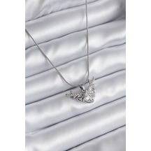 316l Çelik Gümüş Renk Zirkon Taşlı Boynuz Model Kadın Kolye