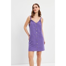 Stella Pulvis Mor Askılı Keten Mini Elbise Mor