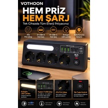 Çoklu Gece Lambalı Üçgen Priz Akım Korumalı 4 Lü Priz 3xusb 3xtype-c Çıkışlı Grup Priz Siyah