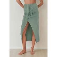 Hiccup Drapeli Yüksek Bel Bodycon Sandy Maxi Etek Haki Yeşil