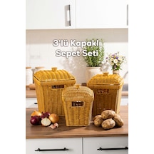 Porsima Pbt-919-2 3lü Hasır Sepet Kapaklı Bambu Sepet Seti Dekoratif Banyo Mutfak Düzenleyici Patates Soğan Sepeti Organizeri Ahşap