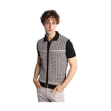 İgs Siyah Slim Fit Dar Kalıp Düğmeli Polo Yaka Desenli Kısa Kollu Triko Tişört-16311