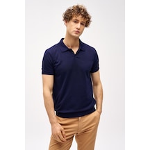 Lacivert Slim Fit Dar Kalıp Polo Yaka Düz Kısa Kollu Triko Tişört-16333 Lacivert