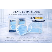 3 Katlı Cerrahi Maske 50'li 2 Paket Tek Kullanımlık Telli Lastikli Yüz Maskesi Toplam 100 Adet