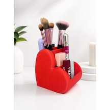 3d Baskı Kalp Tasarımlı Kalemlik & Makyaj Organizer Modern Masaüstü Düzenleyici Kırmızı