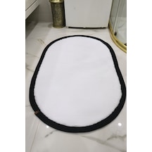 Kaymaz Taban Puffy Peluş Ultra Yumuşak 50x70 Cm Bordürlü Şık Tasarım, Suya Dayanıklı Banyo Paspası Beyaz-siyah