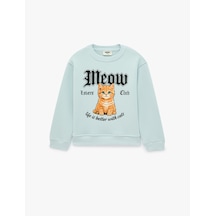 Koton Kedi Baskılı Bisiklet Yaka Uzun Kollu Pamuklu Sweatshirt Mavi 7wkg10261ak