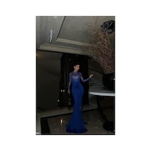 Genel Markalar Kadın Tasarım Tül Kumaş Dik Yaka Balık Kesim Abiye Elbise Saks - 925402411 Saks