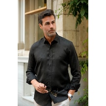 Slim Fit Uzun Kol %100 Keten Nefes Alabilen Kumaştan Hediye Kutulu Erkek Gömlek Fs-004170 - Siyah-2857