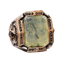 Gerçek Prehnit Yeşim Taşı Yüzük - Ayar Gümüş Erkek Bant Yüzüğü Gümüş