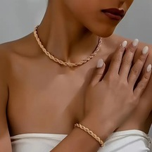 Rosegold Kalın 3mm Burgu Çelik Kolye Ve Bileklik Set Rose Gold