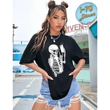 Kadın İskelet Baskılı T-shirt Kısa Kol Bisiklet Yaka Oversize Tişört - Siyah