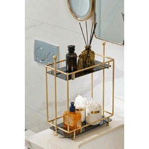Gold 2 Katlı Dikdörtgen Metal Banyo Organizeri, Ayna Pleksili Tezgah Üstü Düzenleyici 32,6x16,3x34 Cm