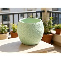 3d Baskı Yapraklı Desenli Yuvarlak Saksı Tepsili Süzdürmeli Bitki Saksısı 15 Cm Dekoratif Çiçek - Yeşil Diğer