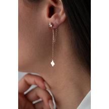 925 Ayar Gümüş Rose Kaplama 5 Mm Tektaş Sallantılı Zincir Sade Yonca Model Küpe Rose