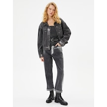 Koton Parlak Varak Baskılı Straight Jean Kot Pantolon Katlamalı Düz Paça - Eve Jean Siyah 4wal40406md Siyah