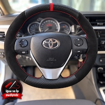 Toyota Avensis T270 Dikme Direksiyon Kılıfı Alcantara Süet Mat Karbon Kırmızı Yüzük Ve Dikiş 2015-2018 Siyah