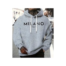 Herkesemoda Milano Yazı Detaylı İçi Polarlı Kapüşonlu Sweatshirt Gri